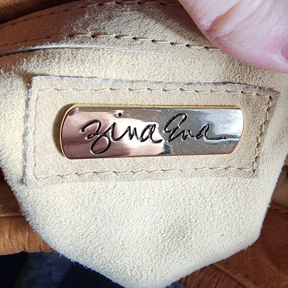 Rare HTF Zina Eva Pleated Camel Tan Leather Circle Shoulder Bag Purse EUC Boho - Picture 9 of 12